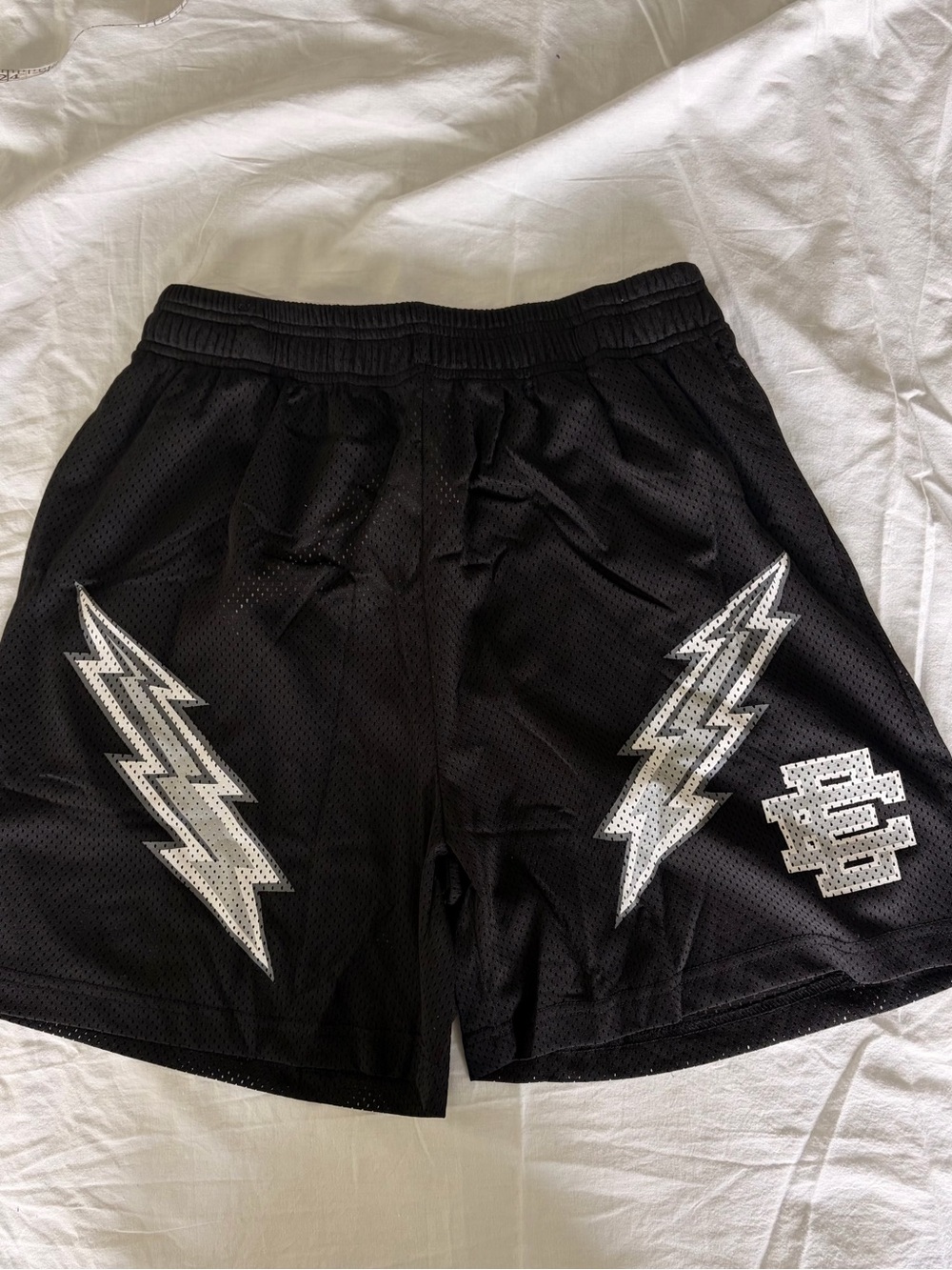 Eric Emanuel Black Mesh Shorts with Silver Lightning Motif